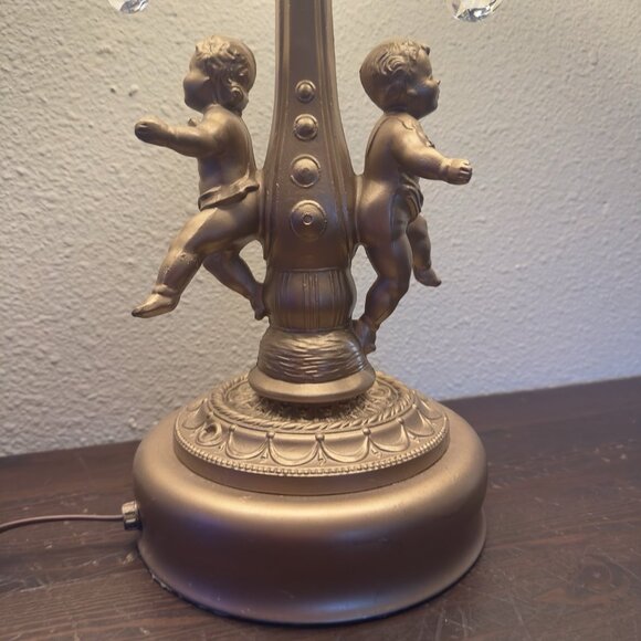 Vtg Electric Table Lamp Cherub Putti Italian Gold Tole Candelabra Prisms 27” - Picture 3 of 16